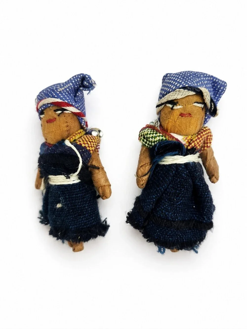 Vintage Handmade Folk Art Doll Pins Textile Brooch Pair Ethnic Boho